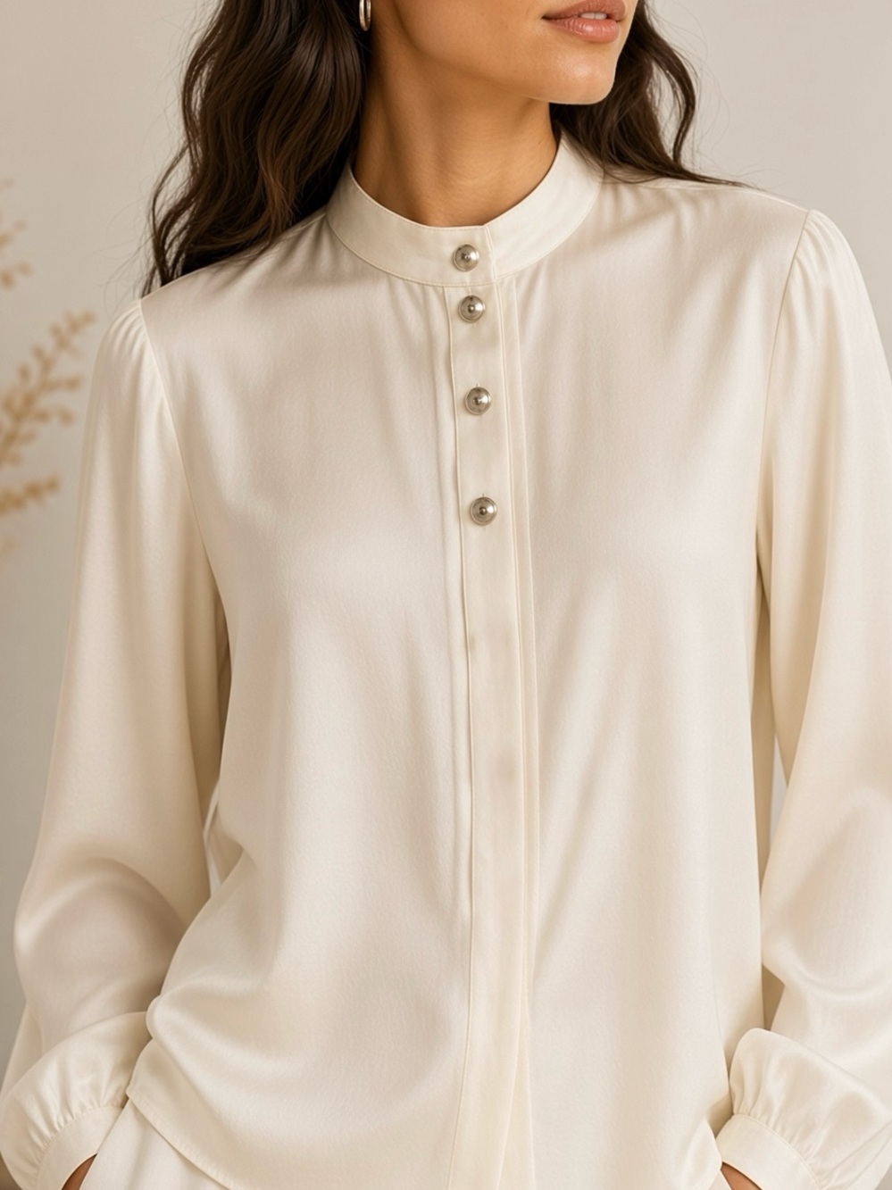 Derek Lam Ivory Cream Mandarin Collar Button-Front Blouse 100% Viscose